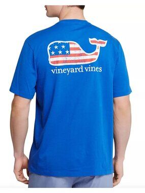 Vineyard Vines Blue Graphic Flag Whale Pocket Tee T-Shirt Size M America USA